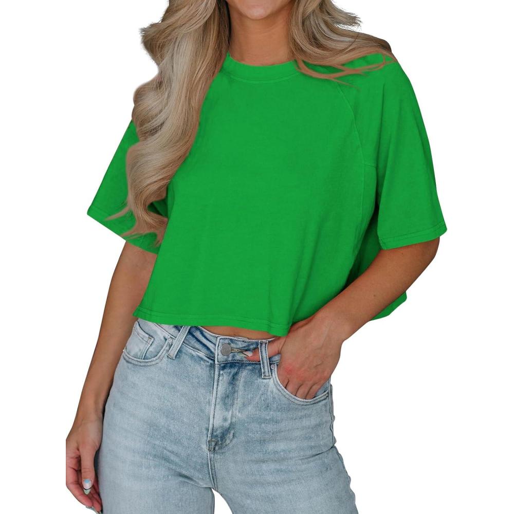 imageTankaneo Womens Casual Half Sleeve Cropped TShirts Summer Crop Tops Solid Color Round Neck Basic Crop Tees08green