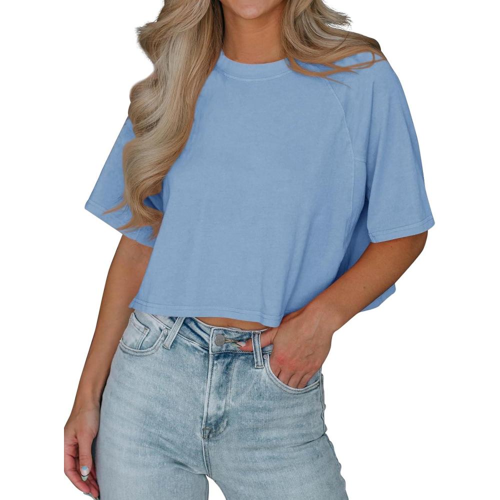 imageTankaneo Womens Casual Half Sleeve Cropped TShirts Summer Crop Tops Solid Color Round Neck Basic Crop Tees09light Blue
