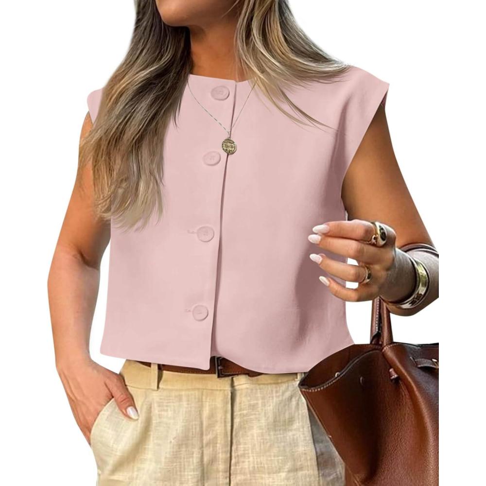 imageTankaneo Womens Cropped Cap Sleeve Vest Tank Tops Summer Work Casual Crew Neck Button Down WaistcoatsLight Pink