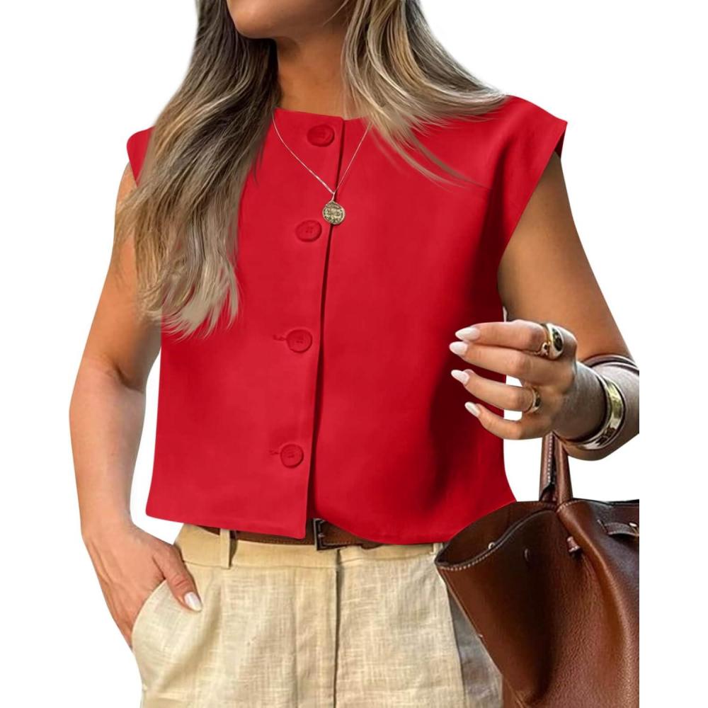 imageTankaneo Womens Cropped Cap Sleeve Vest Tank Tops Summer Work Casual Crew Neck Button Down WaistcoatsRed