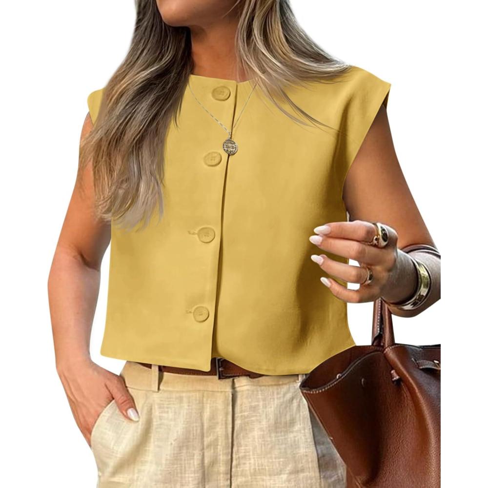 imageTankaneo Womens Cropped Cap Sleeve Vest Tank Tops Summer Work Casual Crew Neck Button Down WaistcoatsYellow