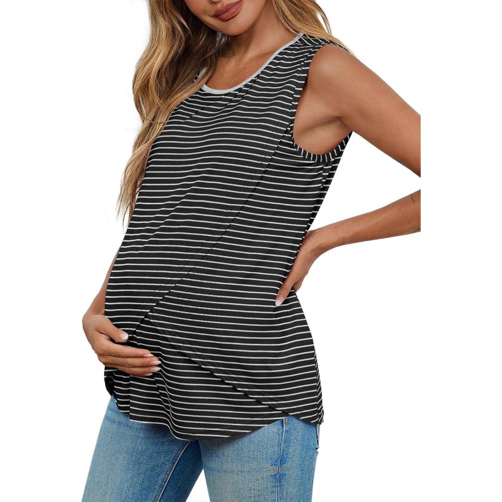 imageTankaneo Womens Cross Front Maternity Tank Tops Breastfeeding Round Neck Striped Sleeveless Shirts Summer Pregnancy ClothesBlack
