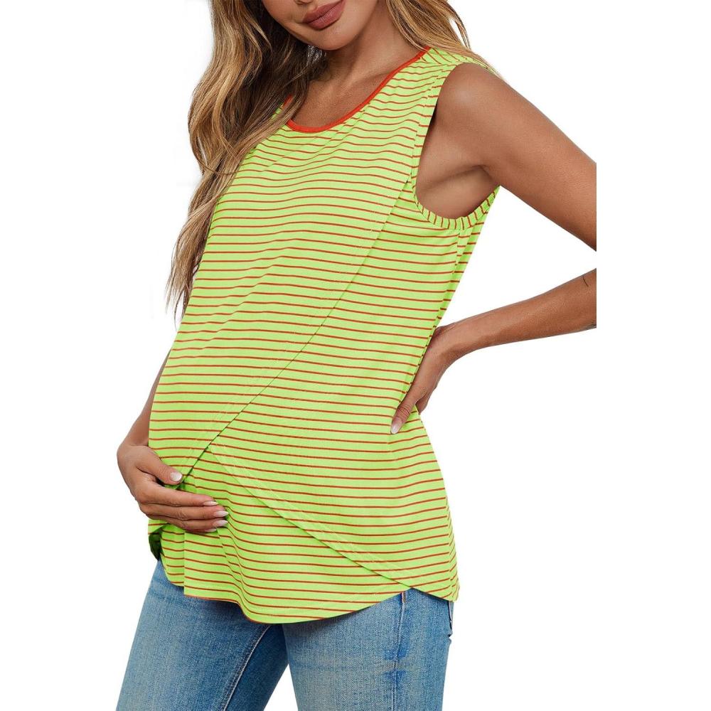 imageTankaneo Womens Cross Front Maternity Tank Tops Breastfeeding Round Neck Striped Sleeveless Shirts Summer Pregnancy ClothesGreen
