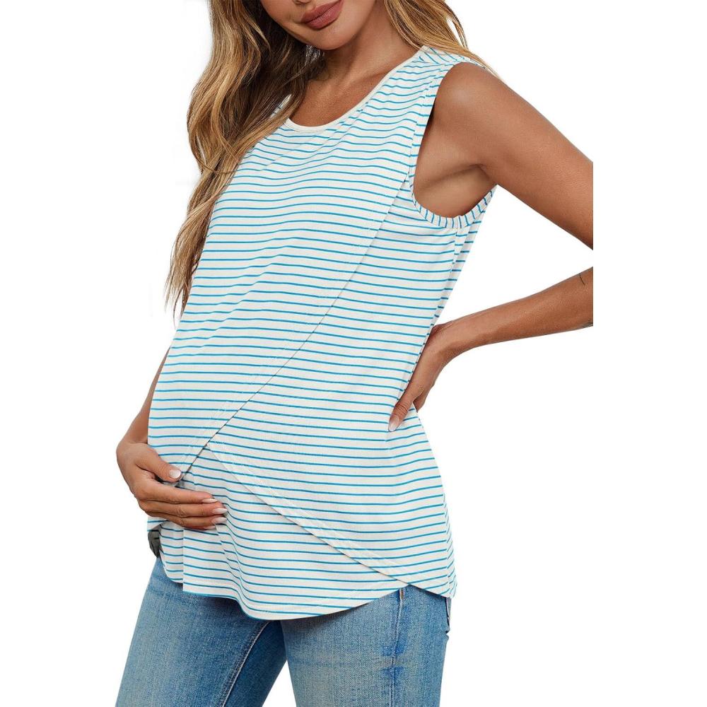 imageTankaneo Womens Cross Front Maternity Tank Tops Breastfeeding Round Neck Striped Sleeveless Shirts Summer Pregnancy ClothesLight Blue