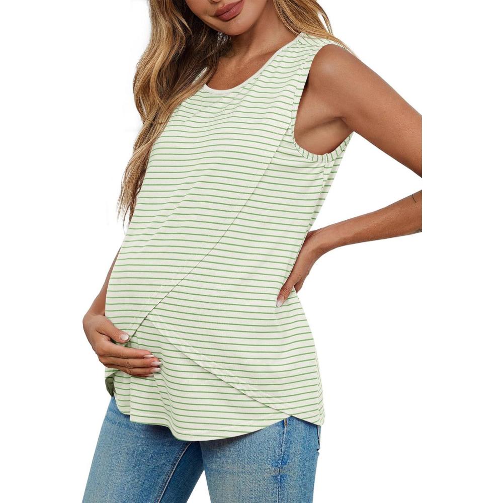 imageTankaneo Womens Cross Front Maternity Tank Tops Breastfeeding Round Neck Striped Sleeveless Shirts Summer Pregnancy ClothesLight Green