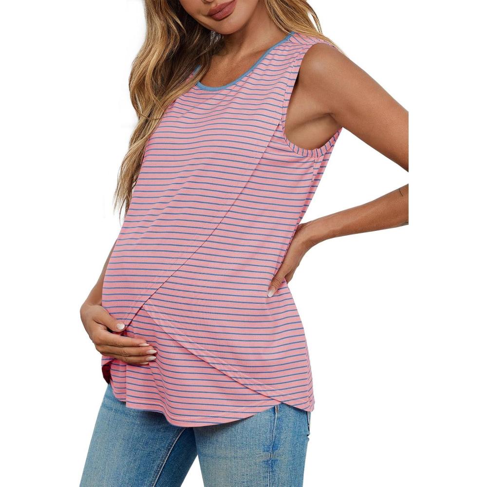 imageTankaneo Womens Cross Front Maternity Tank Tops Breastfeeding Round Neck Striped Sleeveless Shirts Summer Pregnancy ClothesPink