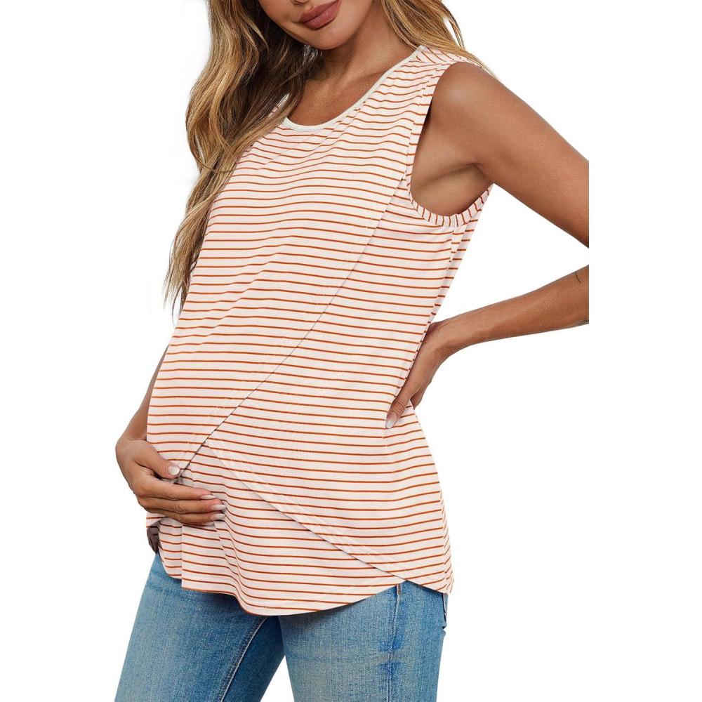 imageTankaneo Womens Cross Front Maternity Tank Tops Breastfeeding Round Neck Striped Sleeveless Shirts Summer Pregnancy ClothesRed