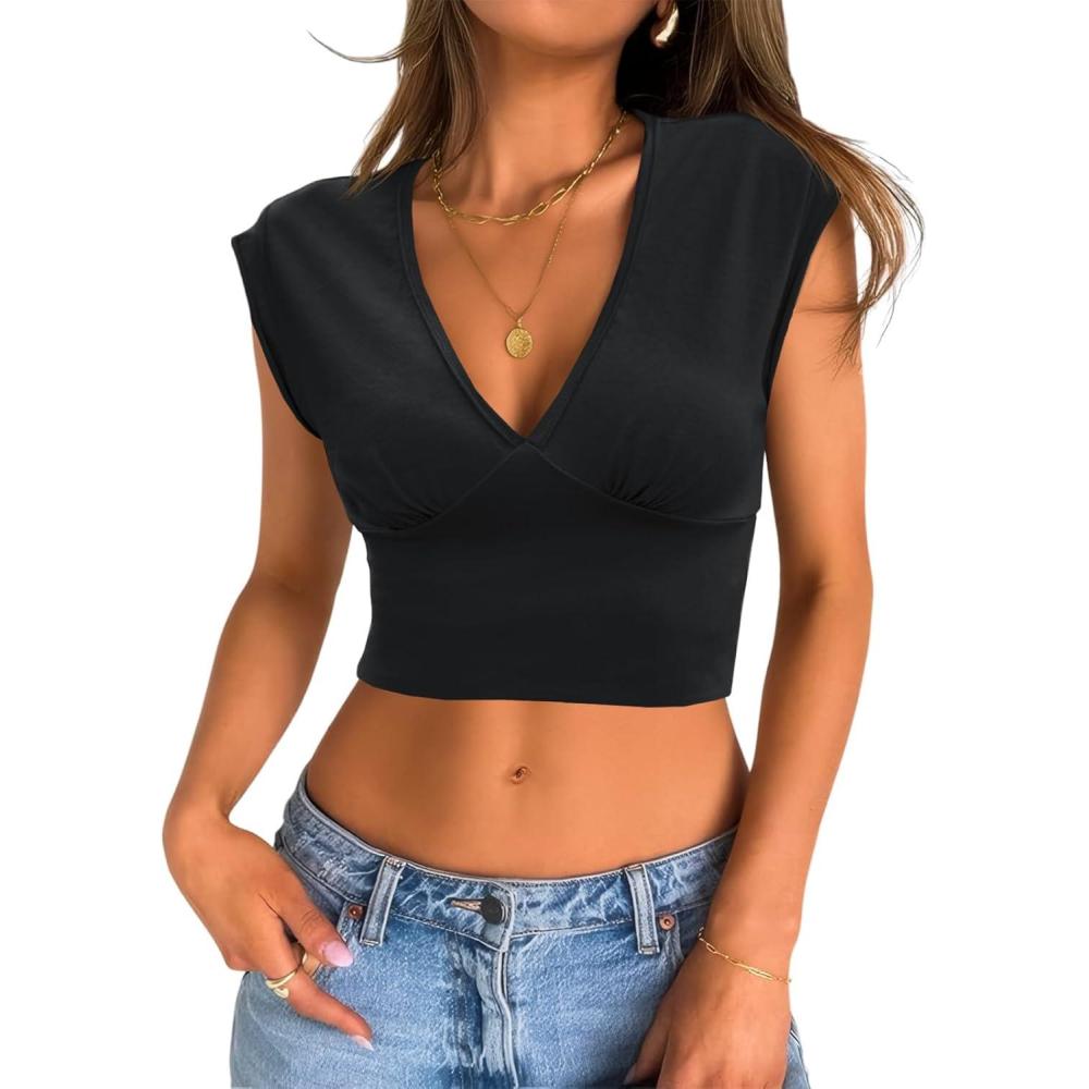 imageTankaneo Womens Deep V Neck Cropped Tank Tops Low Cut Summer Cap Sleeve T Shirts Y2k Slim Fit Cute TeesBlack