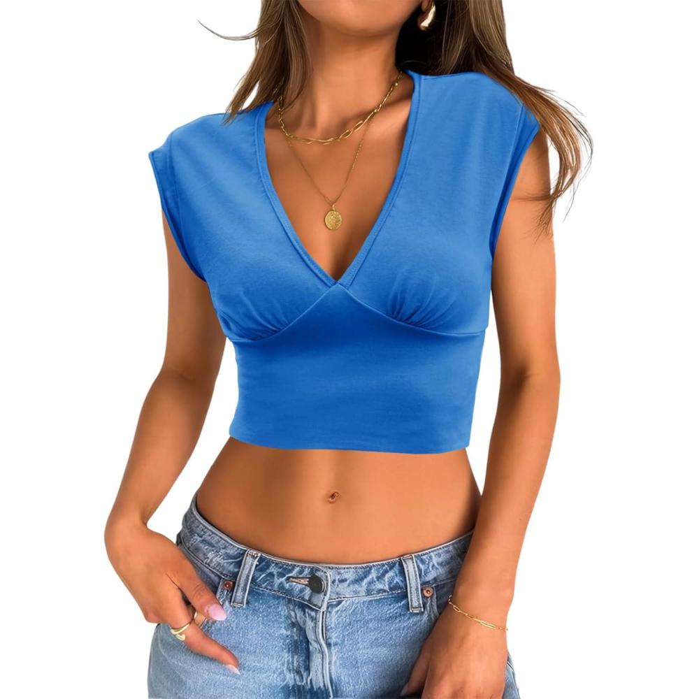 imageTankaneo Womens Deep V Neck Cropped Tank Tops Low Cut Summer Cap Sleeve T Shirts Y2k Slim Fit Cute TeesBlue