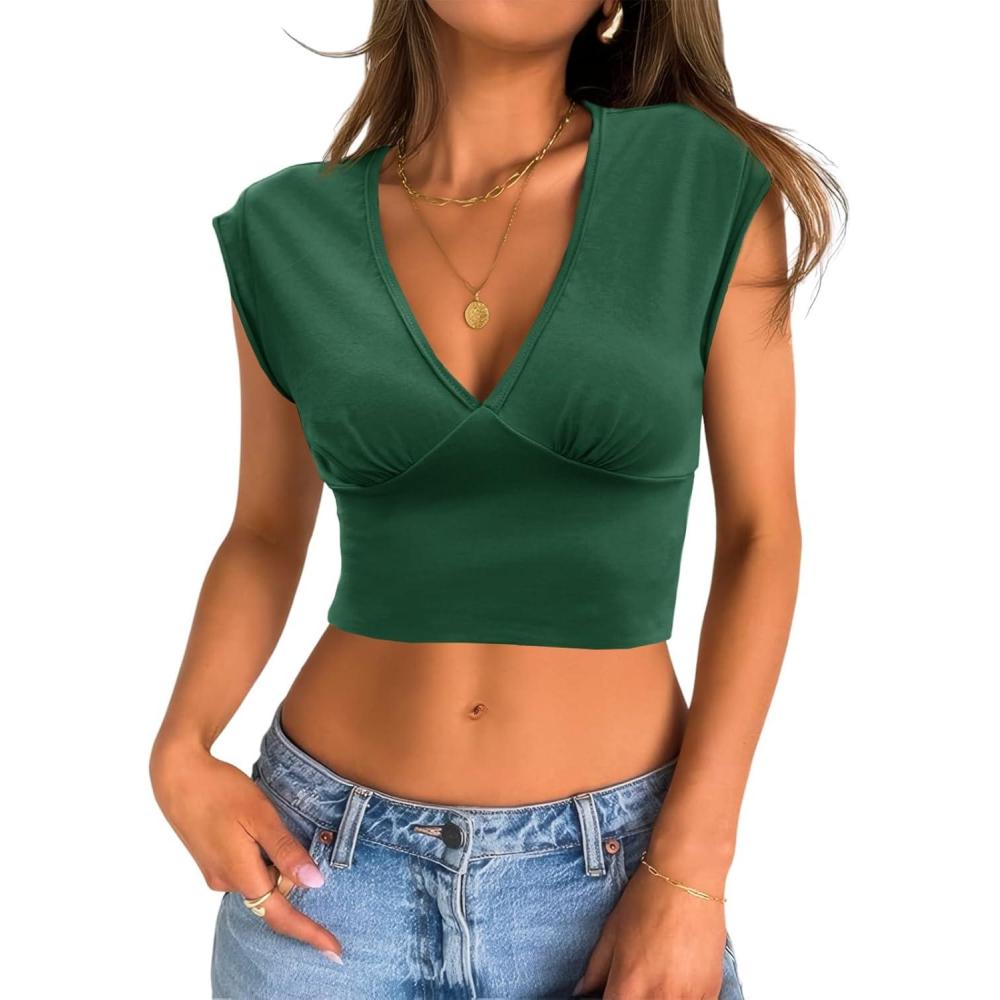 imageTankaneo Womens Deep V Neck Cropped Tank Tops Low Cut Summer Cap Sleeve T Shirts Y2k Slim Fit Cute TeesDark Green