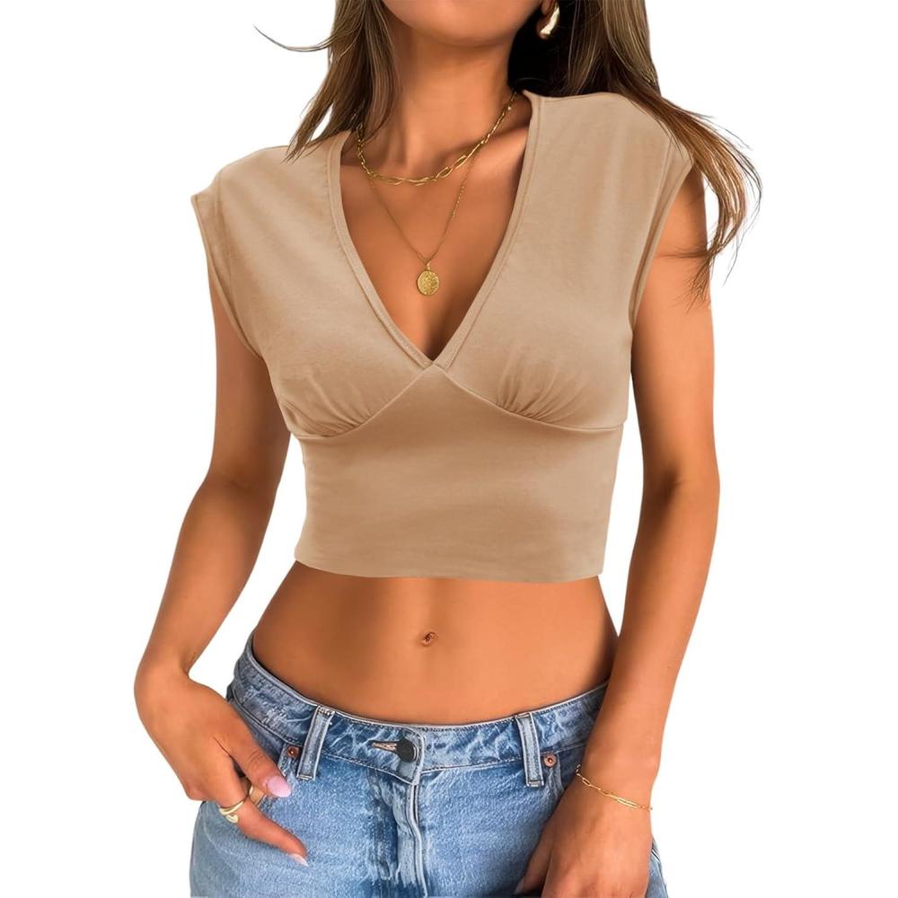 imageTankaneo Womens Deep V Neck Cropped Tank Tops Low Cut Summer Cap Sleeve T Shirts Y2k Slim Fit Cute TeesKhaki