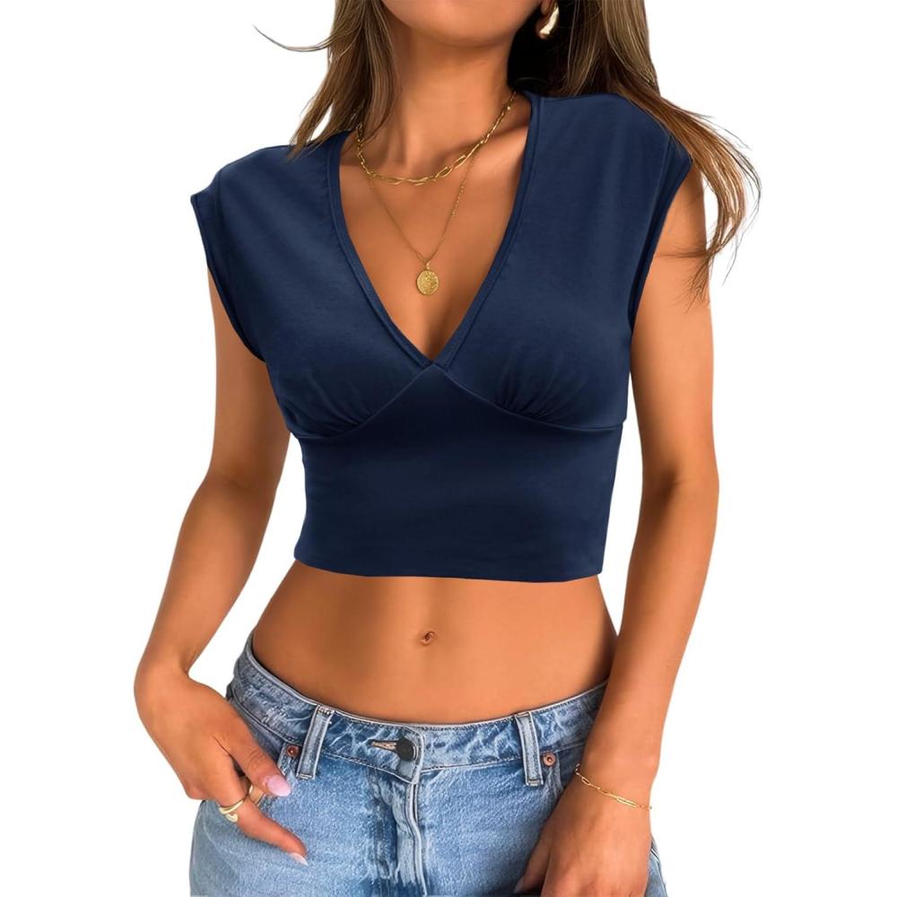 imageTankaneo Womens Deep V Neck Cropped Tank Tops Low Cut Summer Cap Sleeve T Shirts Y2k Slim Fit Cute TeesNavy Blue