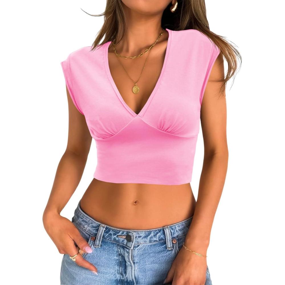 imageTankaneo Womens Deep V Neck Cropped Tank Tops Low Cut Summer Cap Sleeve T Shirts Y2k Slim Fit Cute TeesPink