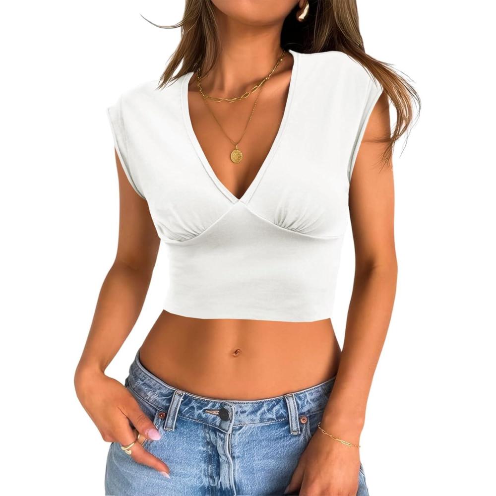 imageTankaneo Womens Deep V Neck Cropped Tank Tops Low Cut Summer Cap Sleeve T Shirts Y2k Slim Fit Cute TeesWhite