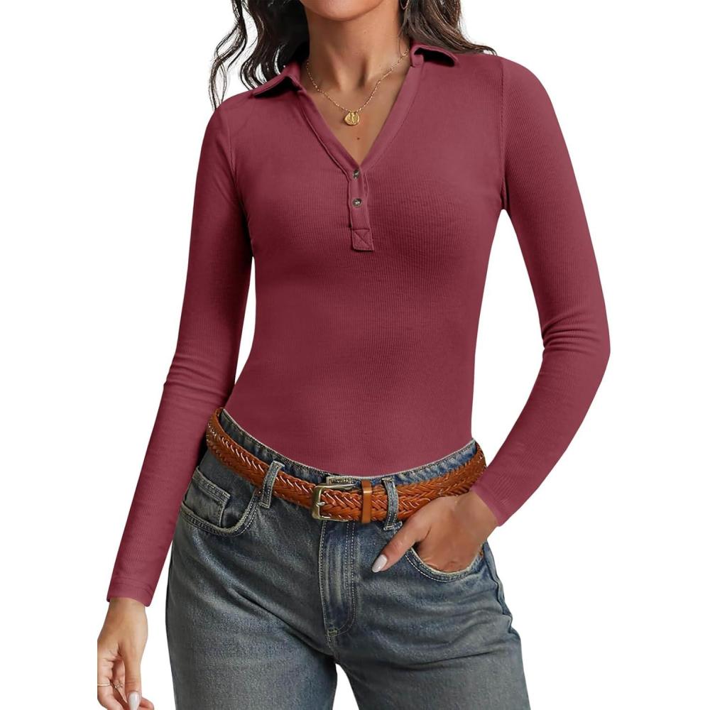 imageTankaneo Womens Deep V Neck Long Sleeve Polo T Shirts Slim Fit Collared Henley Shirts Low Cut Y2k Fall Basic Tees TopsWine Red