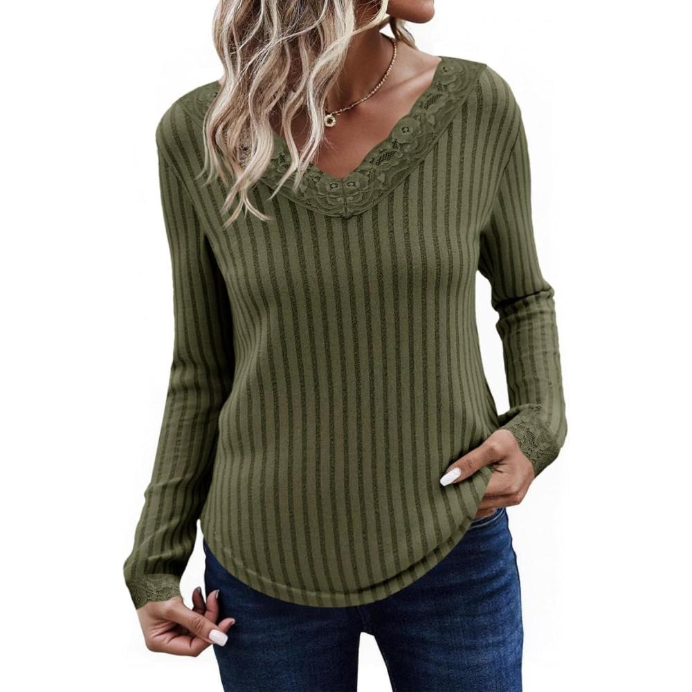 imageTankaneo Womens Lace V Neck Tunic Tops Long Sleeve Ribbed Knit Shirts Fall Casual Basic TeesArmy Green