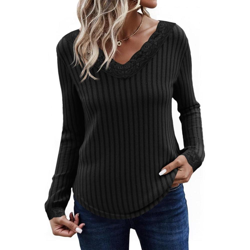 imageTankaneo Womens Lace V Neck Tunic Tops Long Sleeve Ribbed Knit Shirts Fall Casual Basic TeesBlack