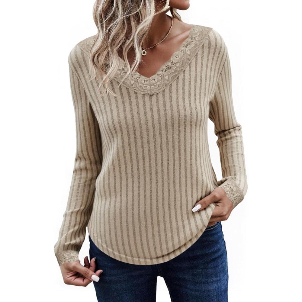 imageTankaneo Womens Lace V Neck Tunic Tops Long Sleeve Ribbed Knit Shirts Fall Casual Basic TeesKhaki