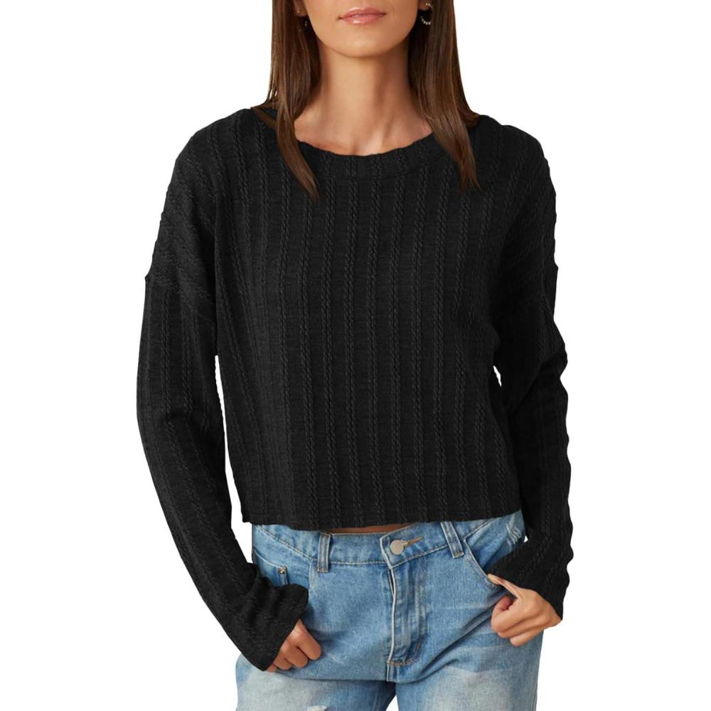 imageTankaneo Womens Long Sleeve Crop Tops Textured Loose Fit TShirts Crewneck Basic Tees Casual Fall KnitwearBlack