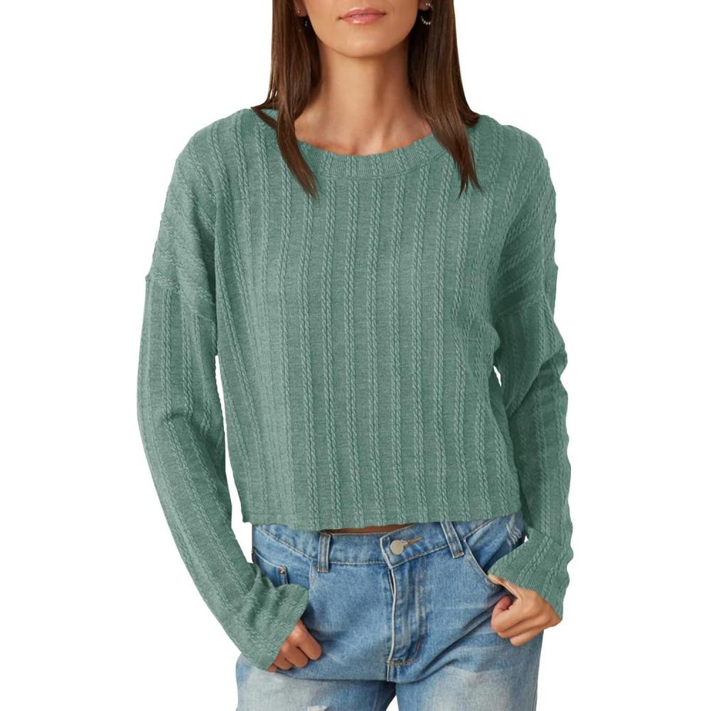 imageTankaneo Womens Long Sleeve Crop Tops Textured Loose Fit TShirts Crewneck Basic Tees Casual Fall KnitwearGreen