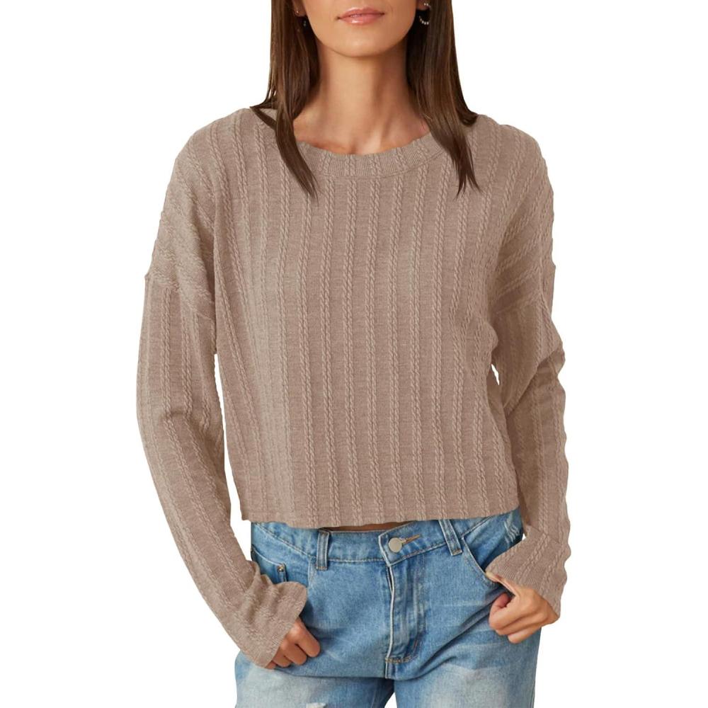 imageTankaneo Womens Long Sleeve Crop Tops Textured Loose Fit TShirts Crewneck Basic Tees Casual Fall KnitwearKhaki