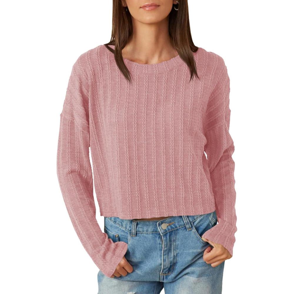 imageTankaneo Womens Long Sleeve Crop Tops Textured Loose Fit TShirts Crewneck Basic Tees Casual Fall KnitwearPink