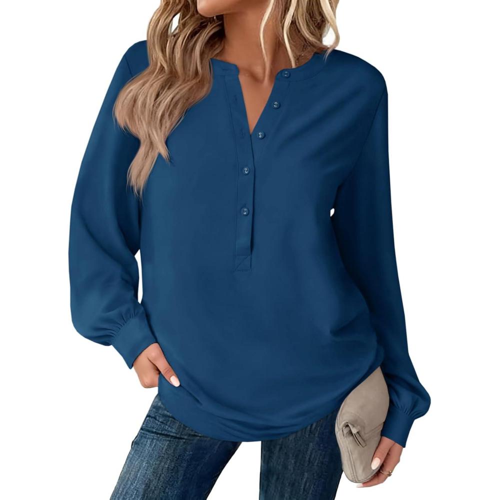 imageTankaneo Womens Long Sleeve Henley Shirts Dressy Casual V Neck Tunic Tops Loose Fit Basic Tees TShirtsNavy