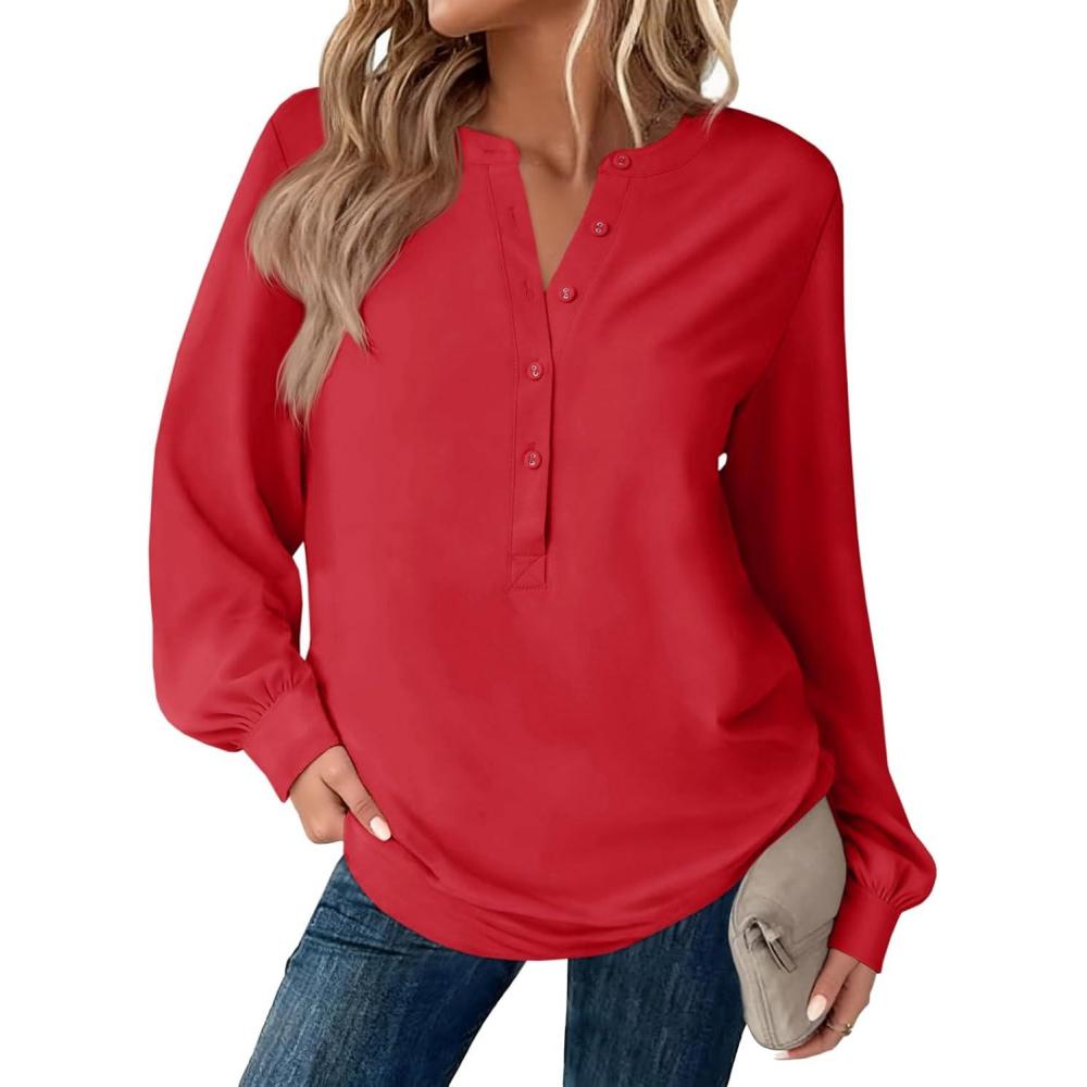 imageTankaneo Womens Long Sleeve Henley Shirts Dressy Casual V Neck Tunic Tops Loose Fit Basic Tees TShirtsRed