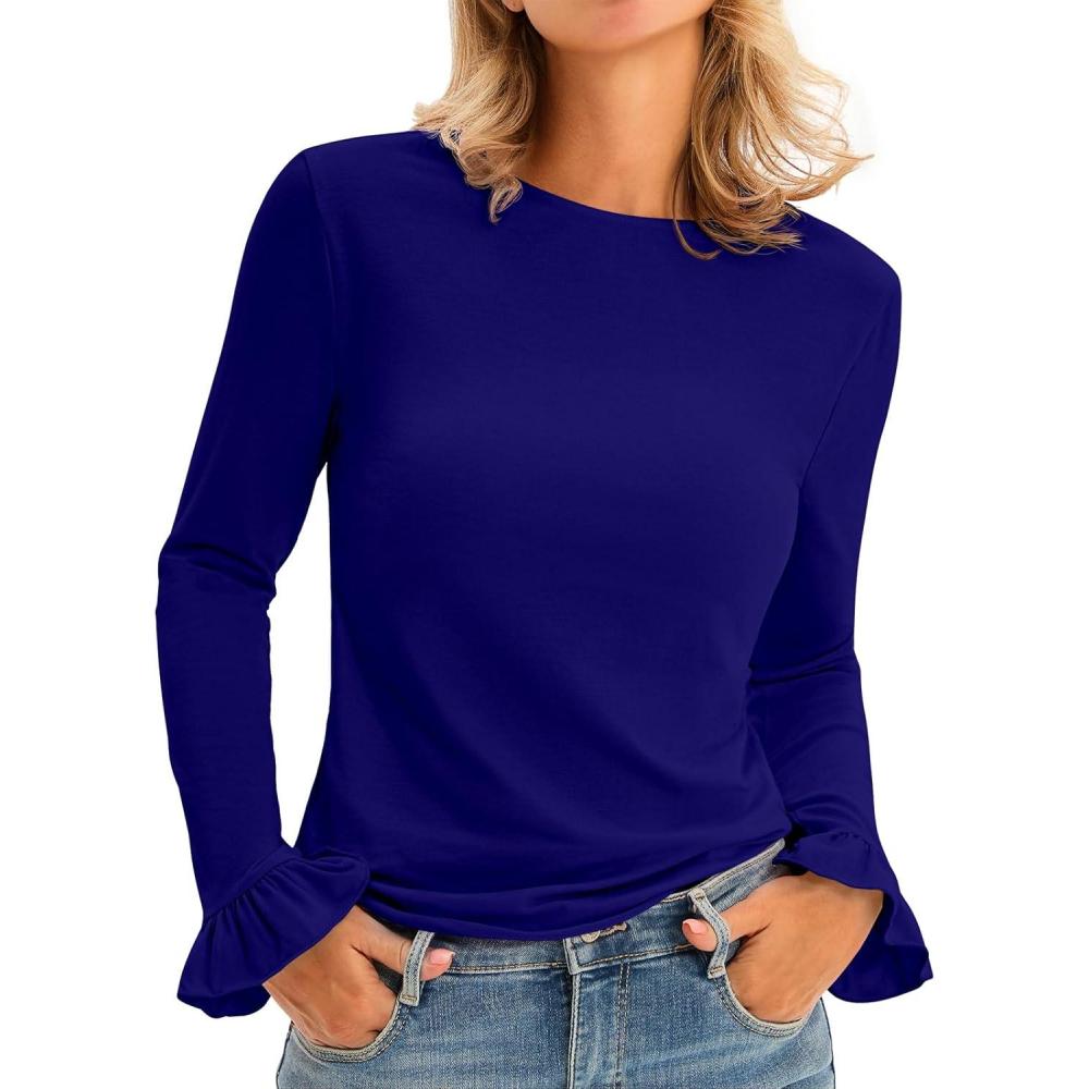 imageTankaneo Womens Long Sleeve Shirts 2025 Fall Trendy Basic Tees Ruffle Going Out Tops Outfits Y2k ClothesNavy