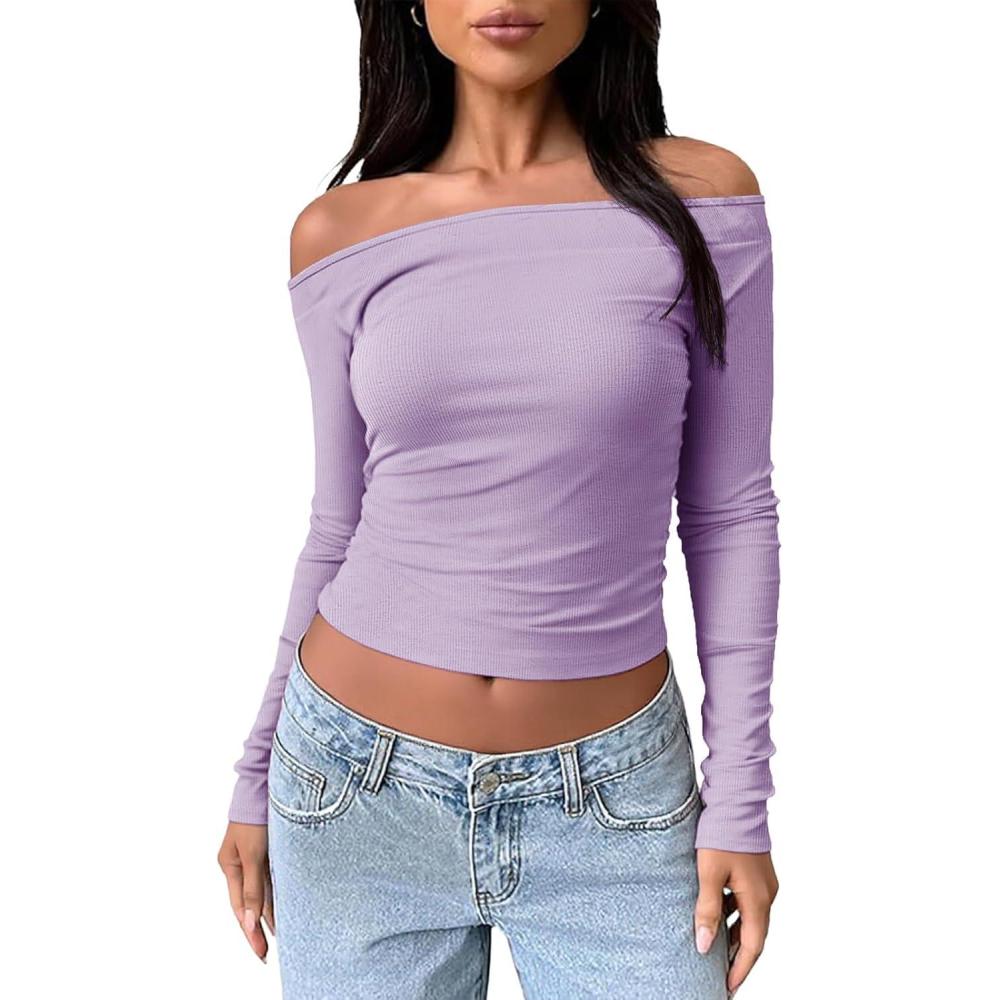 imageTankaneo Womens Long Sleeve Shirts Off Shoulder Going Out Crop Tops Sexy Y2K T ShirtsPurple