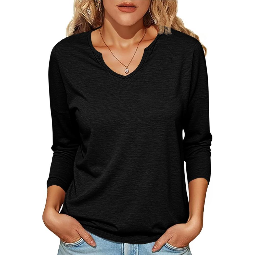 imageTankaneo Womens Long Sleeve TShirts Casual V Neck Loose Fit Shirts 2025 Fall Lightweight Basic TeesBlack