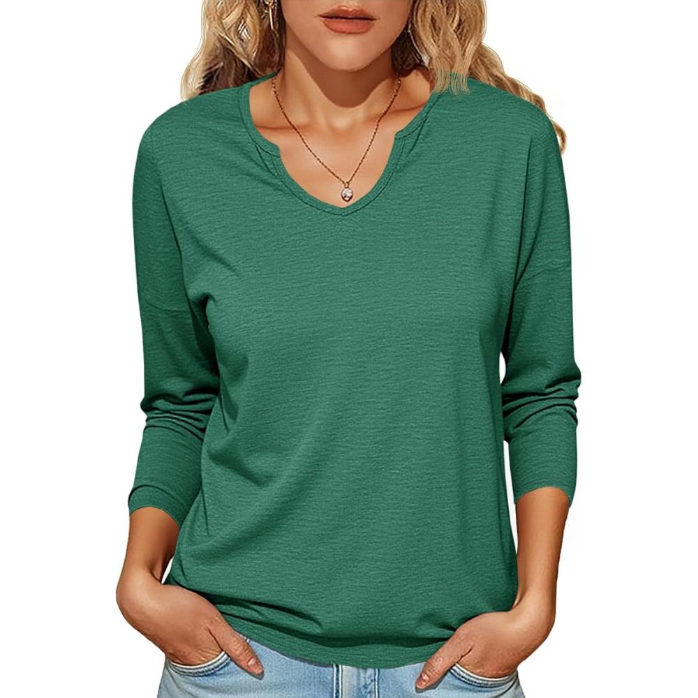 imageTankaneo Womens Long Sleeve TShirts Casual V Neck Loose Fit Shirts 2025 Fall Lightweight Basic TeesGreen