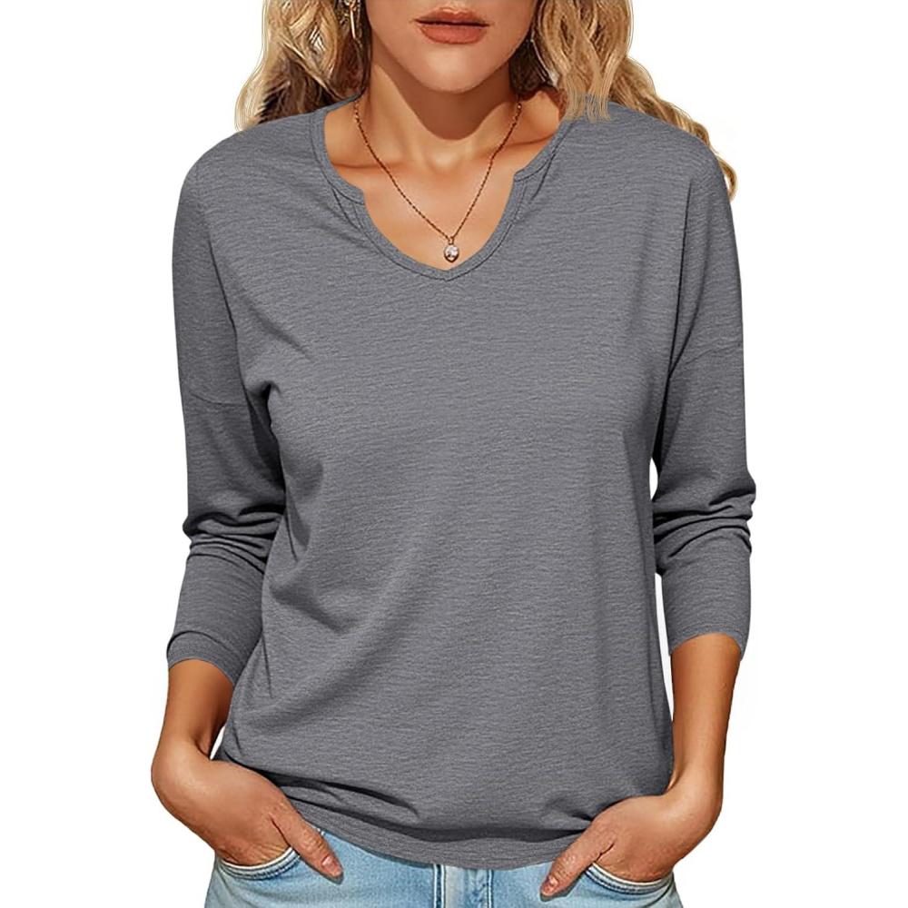 imageTankaneo Womens Long Sleeve TShirts Casual V Neck Loose Fit Shirts 2025 Fall Lightweight Basic TeesGrey