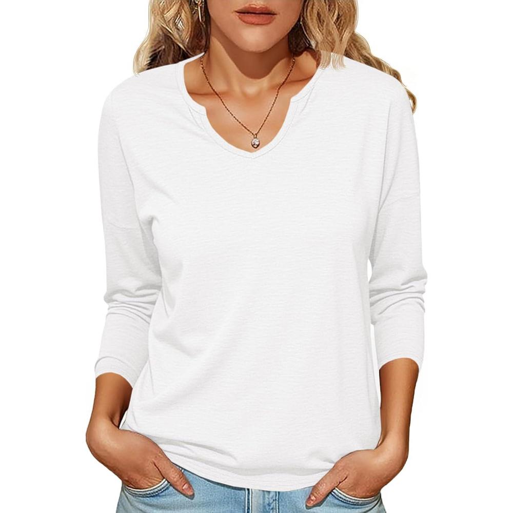 imageTankaneo Womens Long Sleeve TShirts Casual V Neck Loose Fit Shirts 2025 Fall Lightweight Basic TeesWhite
