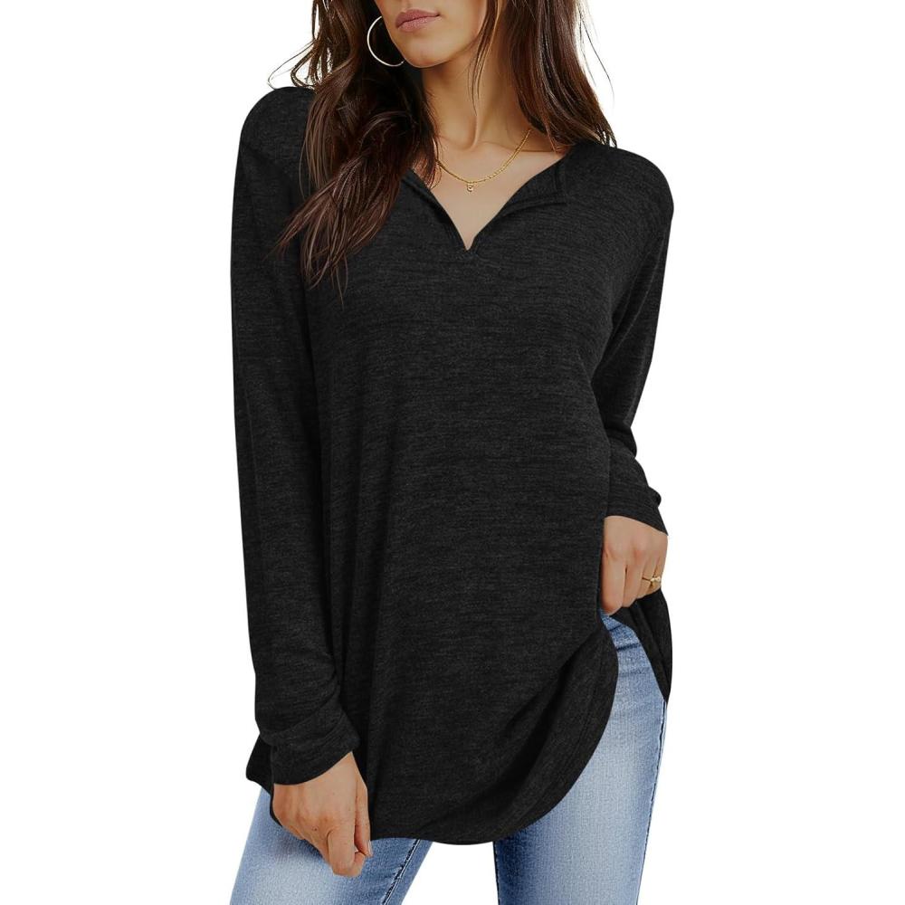 imageTankaneo Womens Long Sleeve Tunic Tops V Neck Dressy Casual TShirts Loose Fit Curved Hem Blouse TeesBlack