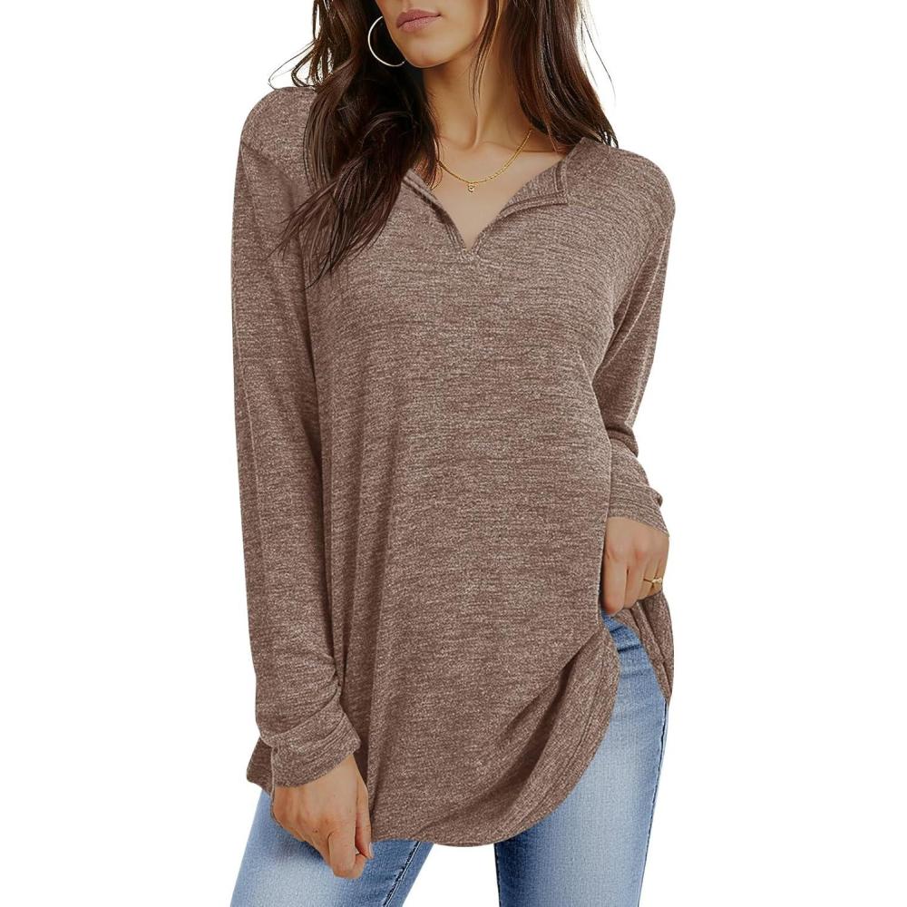 imageTankaneo Womens Long Sleeve Tunic Tops V Neck Dressy Casual TShirts Loose Fit Curved Hem Blouse TeesCoffee