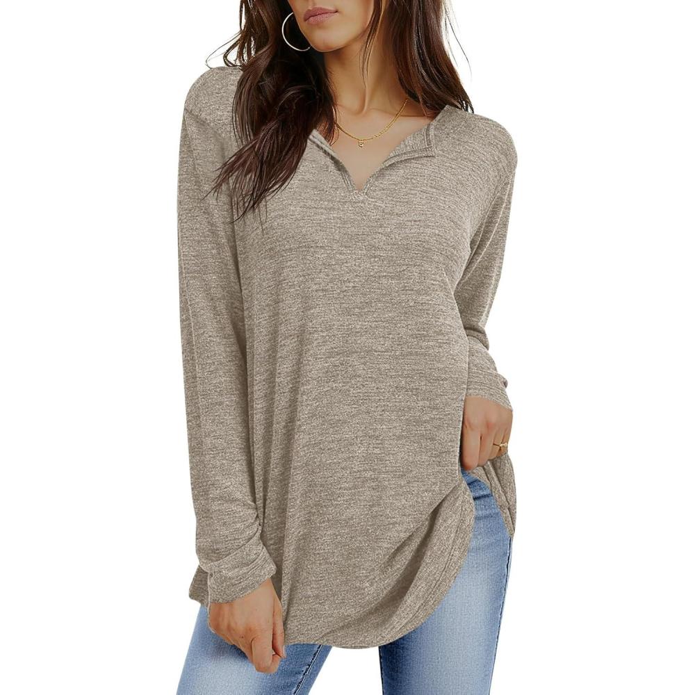 imageTankaneo Womens Long Sleeve Tunic Tops V Neck Dressy Casual TShirts Loose Fit Curved Hem Blouse TeesKhaki