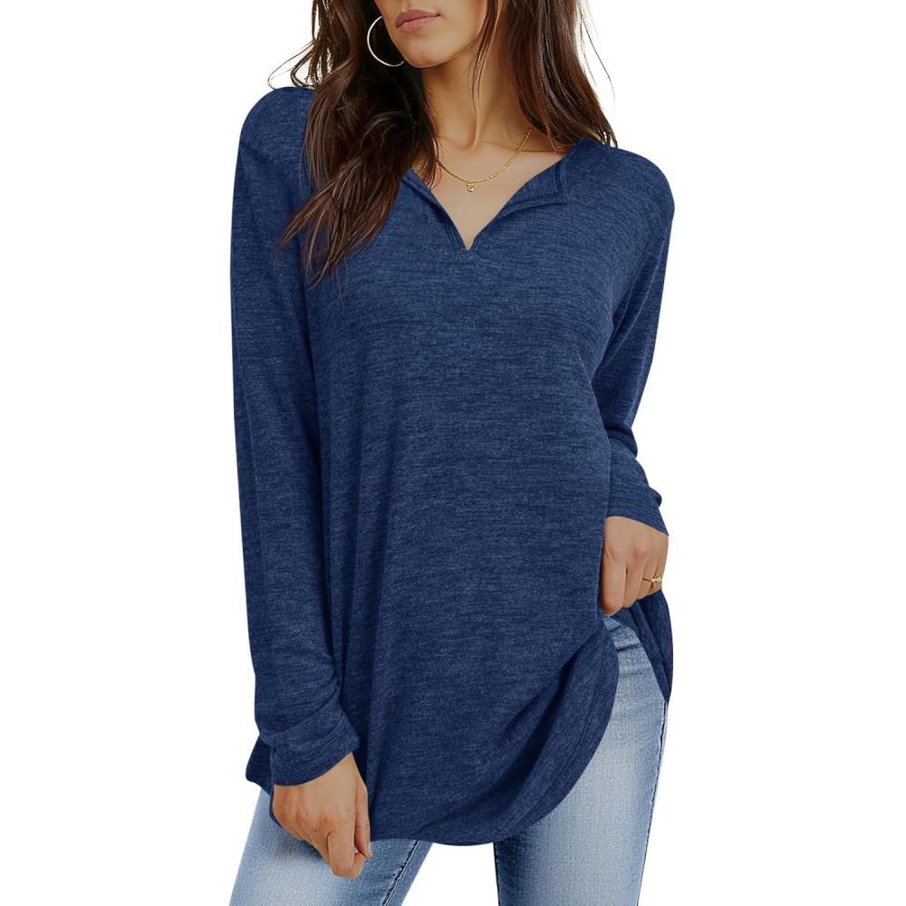 imageTankaneo Womens Long Sleeve Tunic Tops V Neck Dressy Casual TShirts Loose Fit Curved Hem Blouse TeesNavy