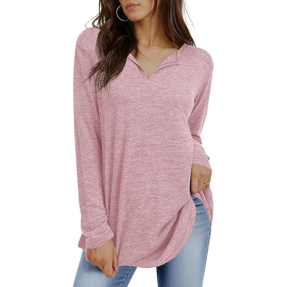 imageTankaneo Womens Long Sleeve Tunic Tops V Neck Dressy Casual TShirts Loose Fit Curved Hem Blouse TeesPink