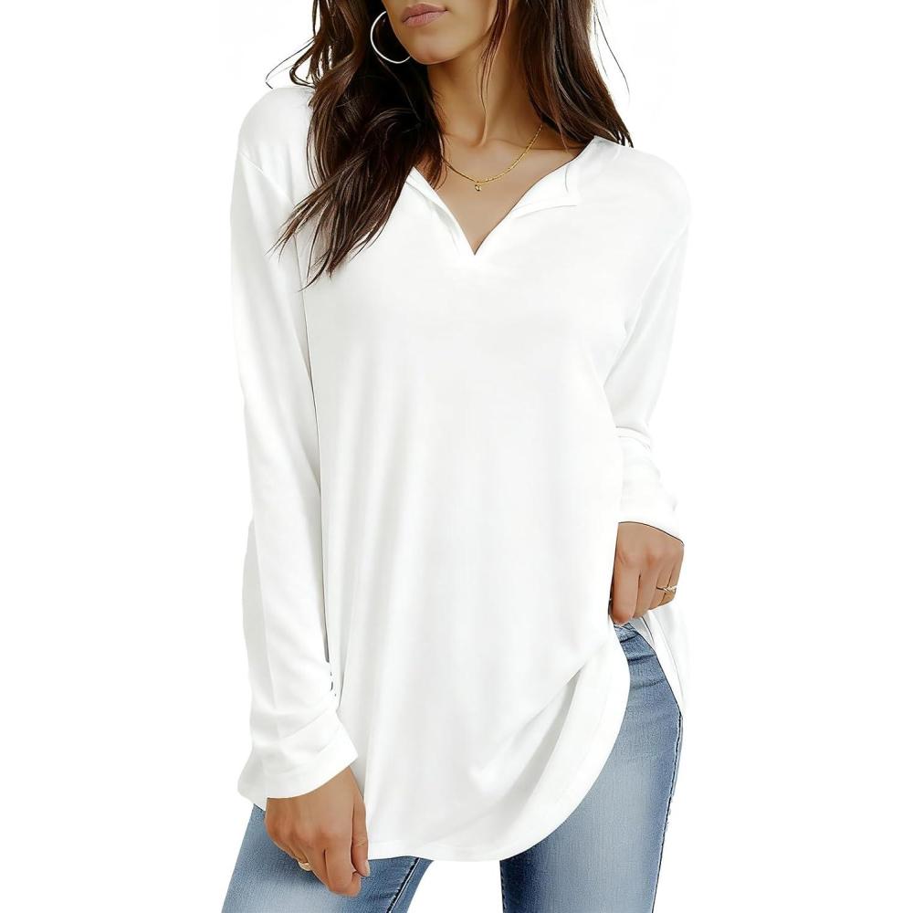 imageTankaneo Womens Long Sleeve Tunic Tops V Neck Dressy Casual TShirts Loose Fit Curved Hem Blouse TeesWhite