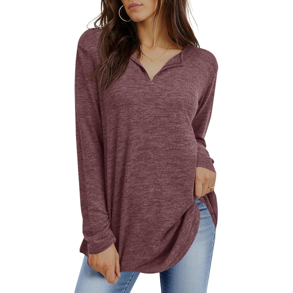 imageTankaneo Womens Long Sleeve Tunic Tops V Neck Dressy Casual TShirts Loose Fit Curved Hem Blouse TeesWine Red