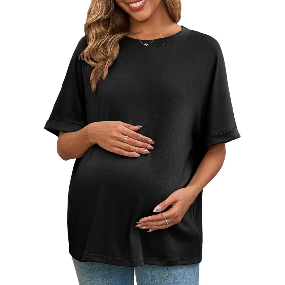 imageTankaneo Womens Maternity T Shirts Oversized Short Sleeve Tunic Tops Casual Summer Loose Fit Crewneck Pregnancy ClothesBlack