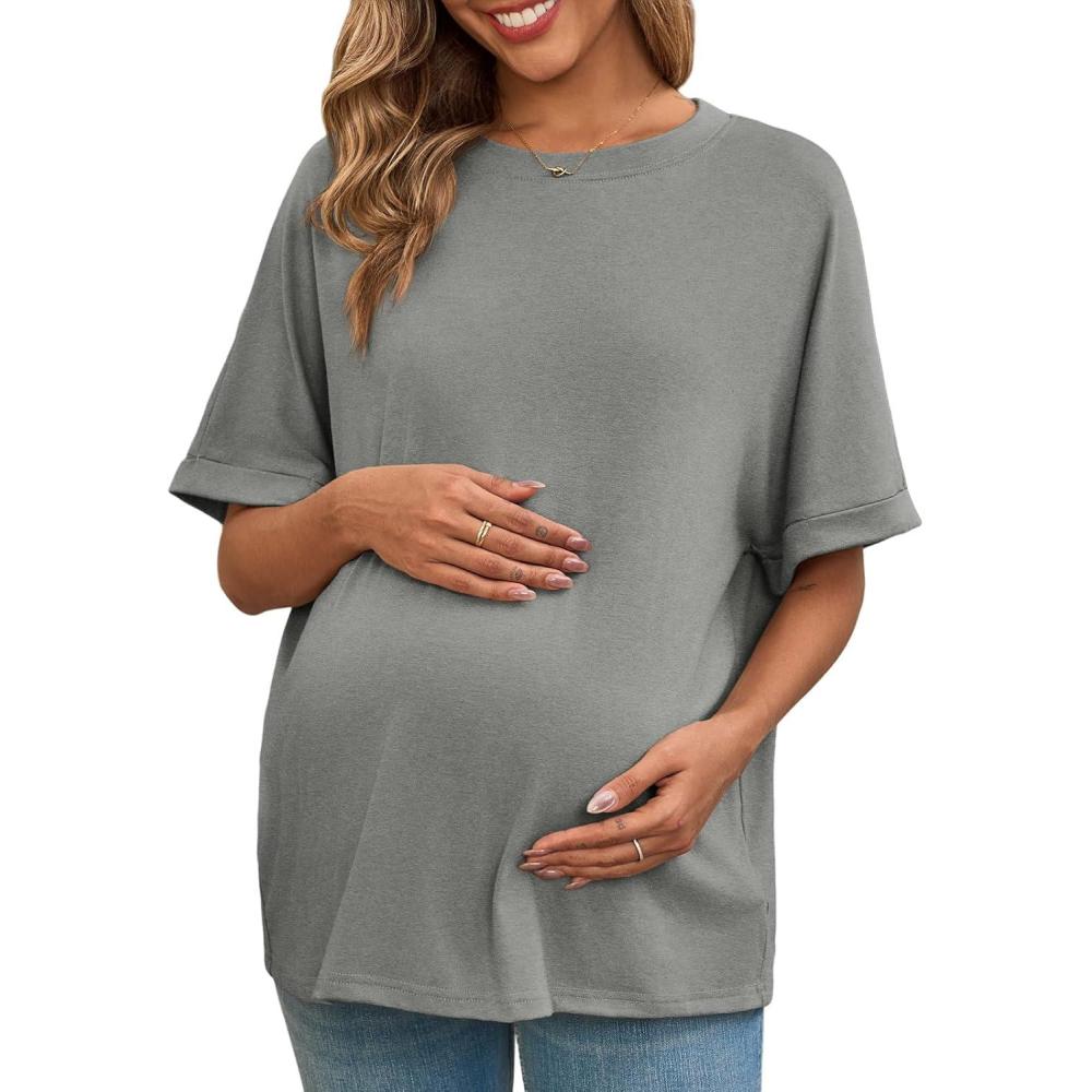 imageTankaneo Womens Maternity T Shirts Oversized Short Sleeve Tunic Tops Casual Summer Loose Fit Crewneck Pregnancy ClothesGrey