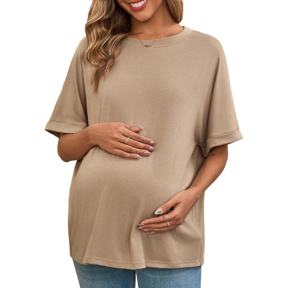 imageTankaneo Womens Maternity T Shirts Oversized Short Sleeve Tunic Tops Casual Summer Loose Fit Crewneck Pregnancy ClothesKhaki