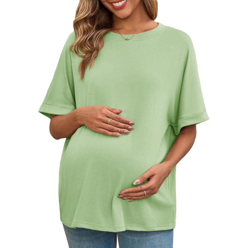 imageTankaneo Womens Maternity T Shirts Oversized Short Sleeve Tunic Tops Casual Summer Loose Fit Crewneck Pregnancy ClothesLight Green