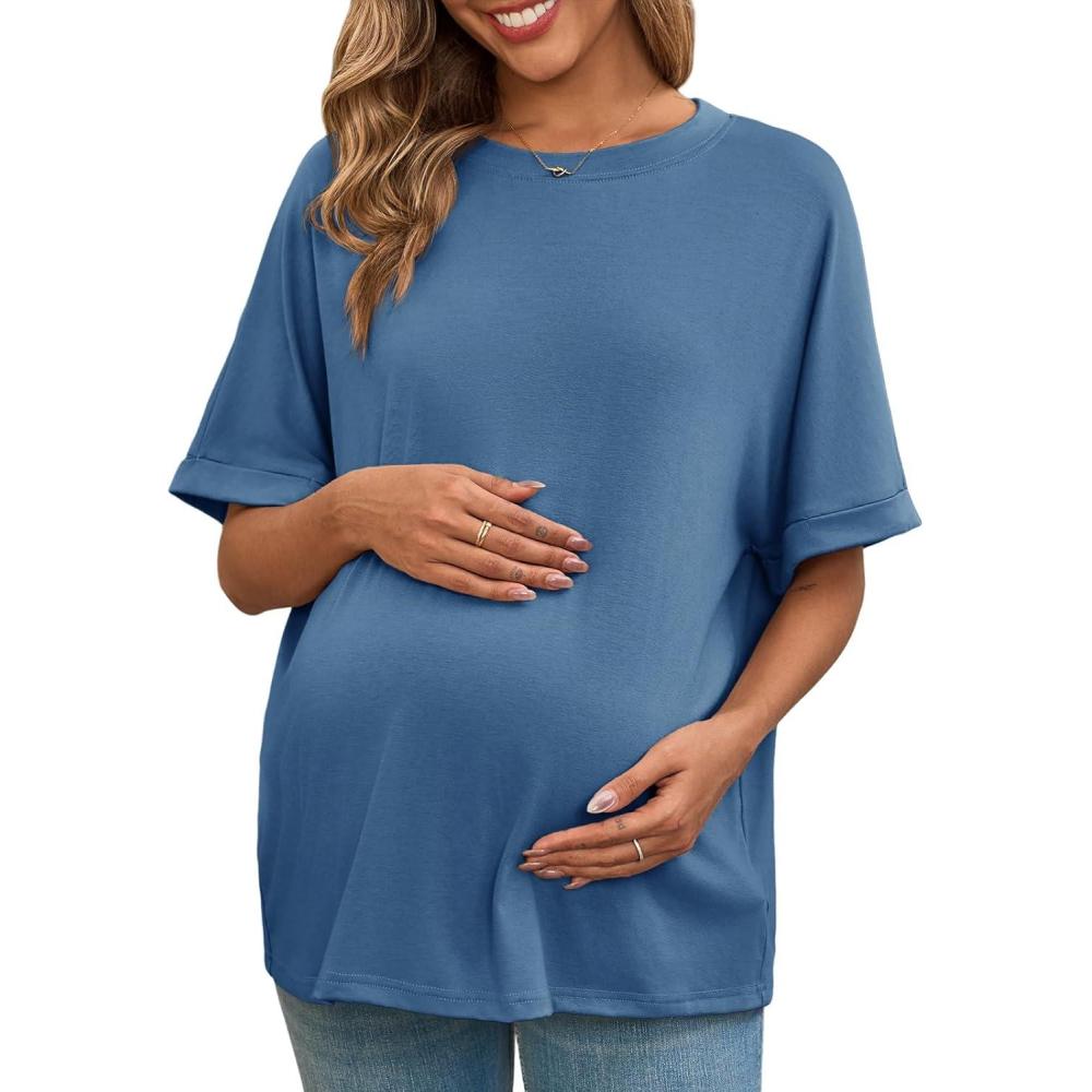 imageTankaneo Womens Maternity T Shirts Oversized Short Sleeve Tunic Tops Casual Summer Loose Fit Crewneck Pregnancy ClothesNavy