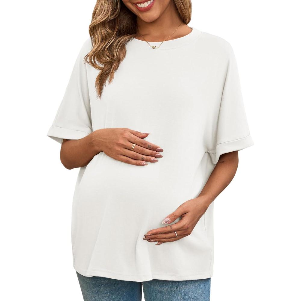 imageTankaneo Womens Maternity T Shirts Oversized Short Sleeve Tunic Tops Casual Summer Loose Fit Crewneck Pregnancy ClothesWhite