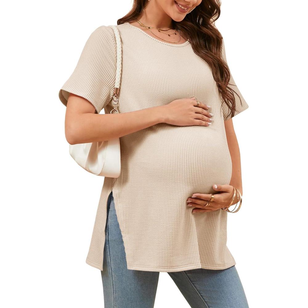 imageTankaneo Womens Maternity T Shirts Summer Ribbed Short Sleeve Tunic Tops Textured Side Split Tee Pregnancy ClothesBeige