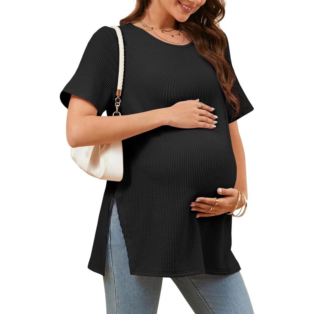 imageTankaneo Womens Maternity T Shirts Summer Ribbed Short Sleeve Tunic Tops Textured Side Split Tee Pregnancy ClothesBlack