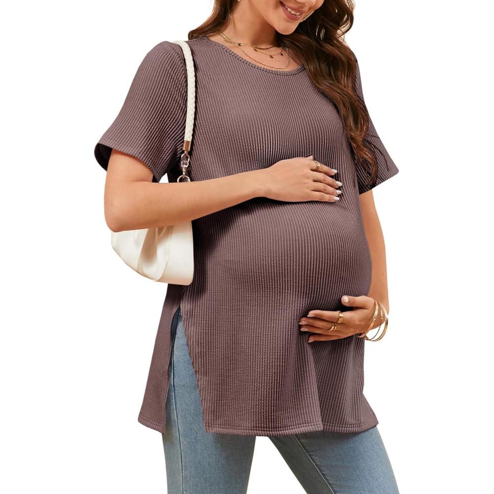 imageTankaneo Womens Maternity T Shirts Summer Ribbed Short Sleeve Tunic Tops Textured Side Split Tee Pregnancy ClothesCoffee